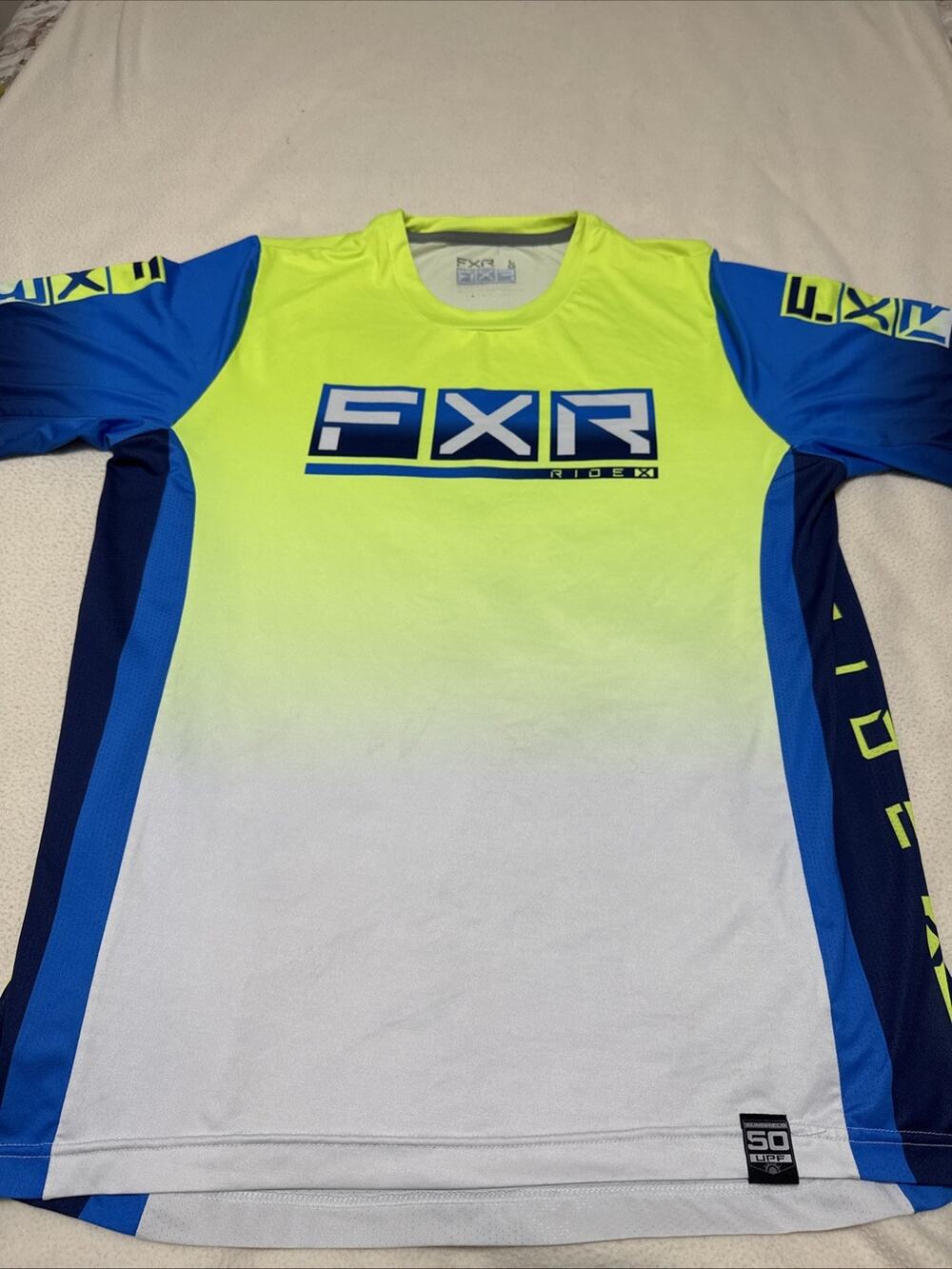 FXR ProFlex Size Large UPF 50 Mens SS MTB Mountain Bike Jersey Hi-Viz Fade/blue
